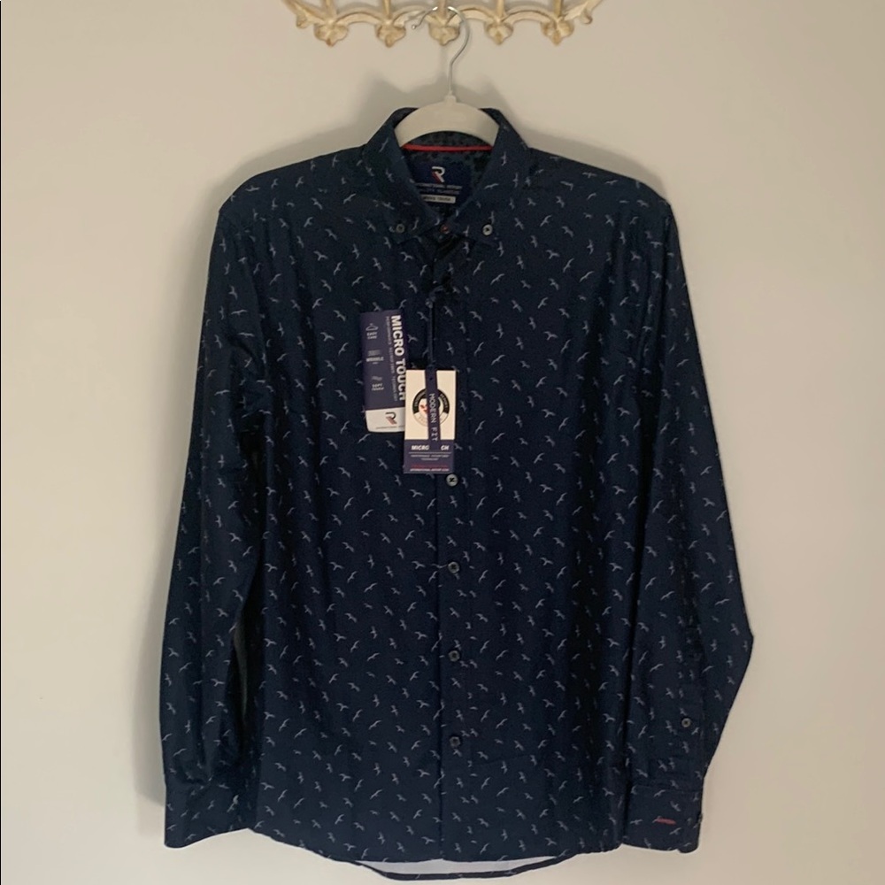 NWT Casual Blue Button Down Shirt with Subtle Pattern